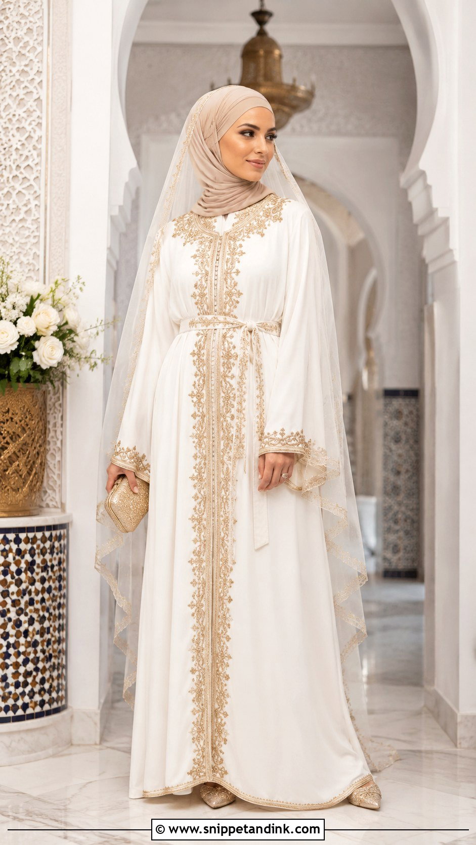 White Bridal Kaftan With Hijab - Snippet and Ink - 20 Islam Wedding Dress Ideas