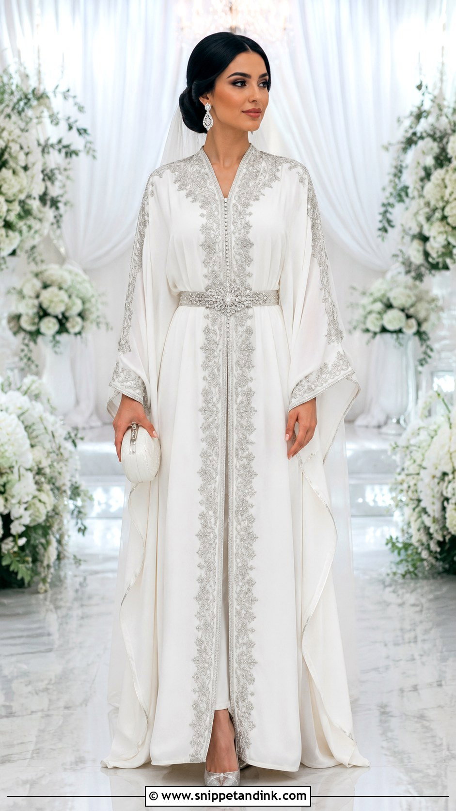 White Bridal Kaftan With Silver Embroidery - Snippet and Ink - 20 Bridal Kaftan Ideas