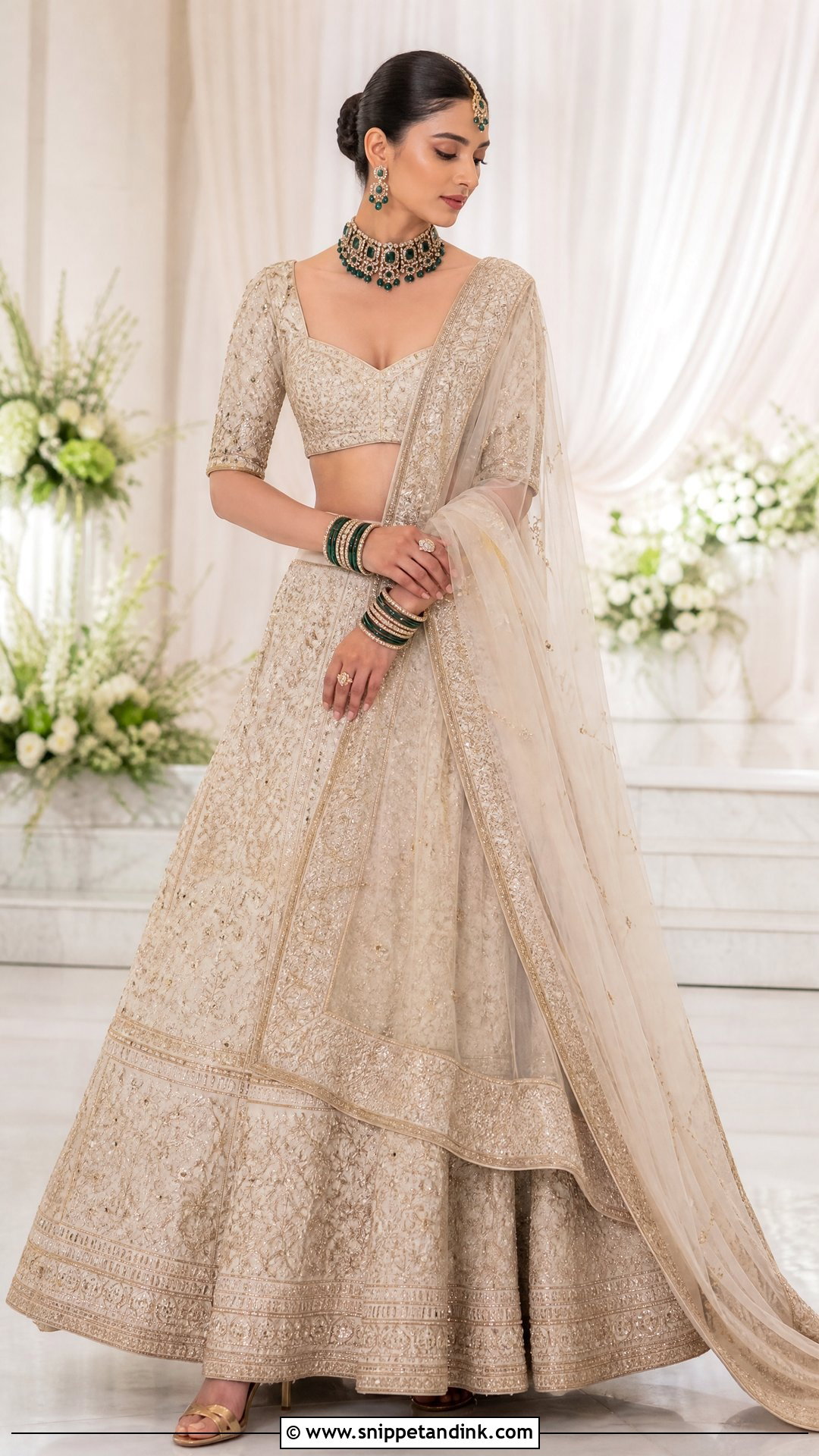 White Bridal Lehenga With Emerald Jewelry - Snippet and Ink - 20 White Lehanga Design Bride Ideas