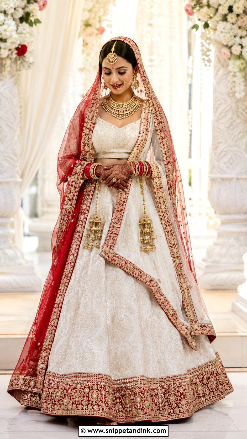 White Bridal Lehenga With Red Border - Snippet and Ink - 25 Indian Weddings Bridal Lehnga Dress Ideas