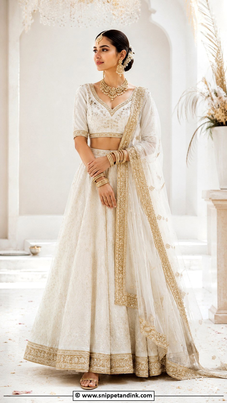 White Bridal Lengha With Gold Border - Snippet and Ink - 30 Bridal Lengha Ideas
