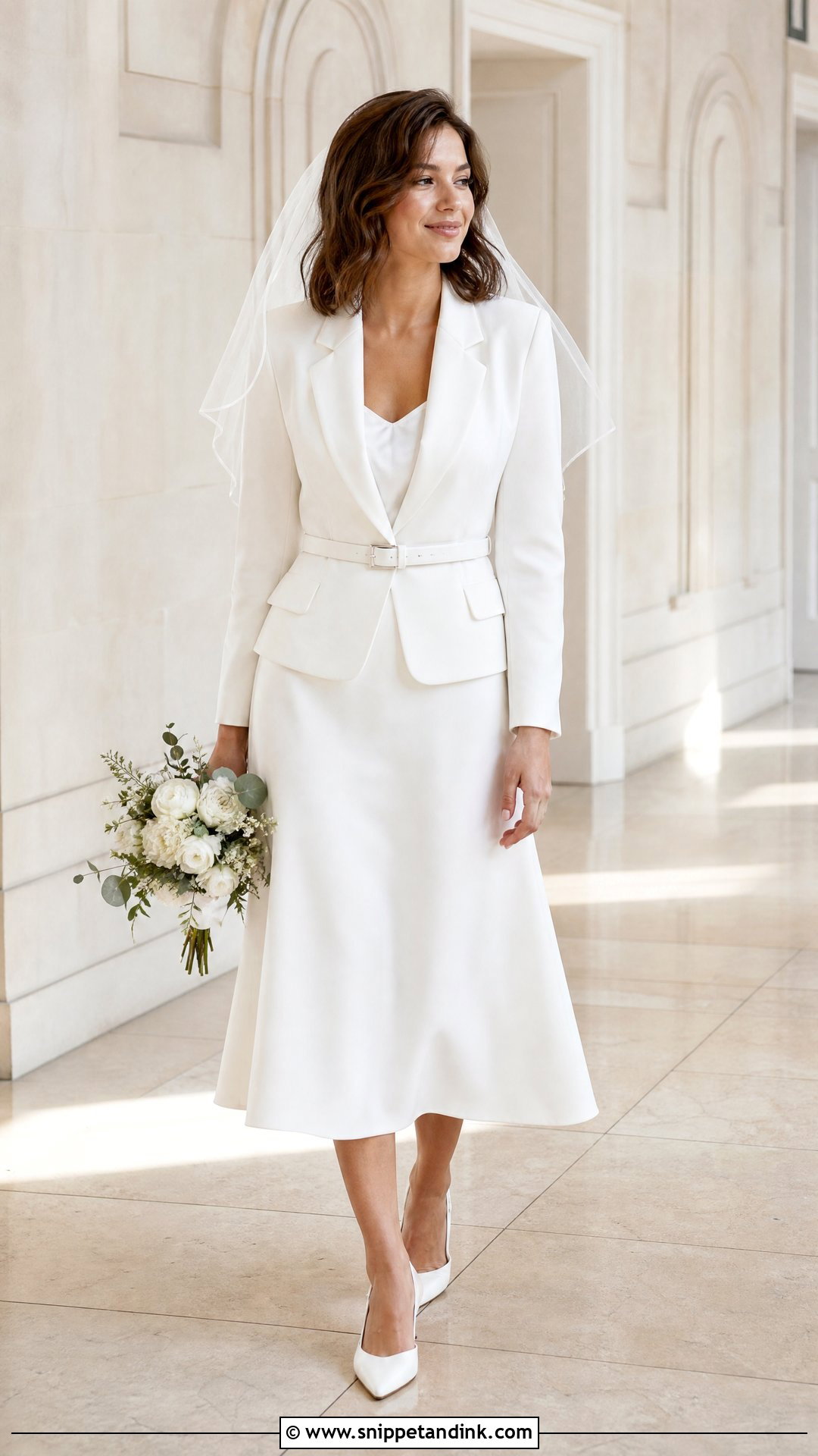 White Bridal Midi Skirt Suit With Slingback Heels - Snippet and Ink - 20 White Bridal Suit Ideas