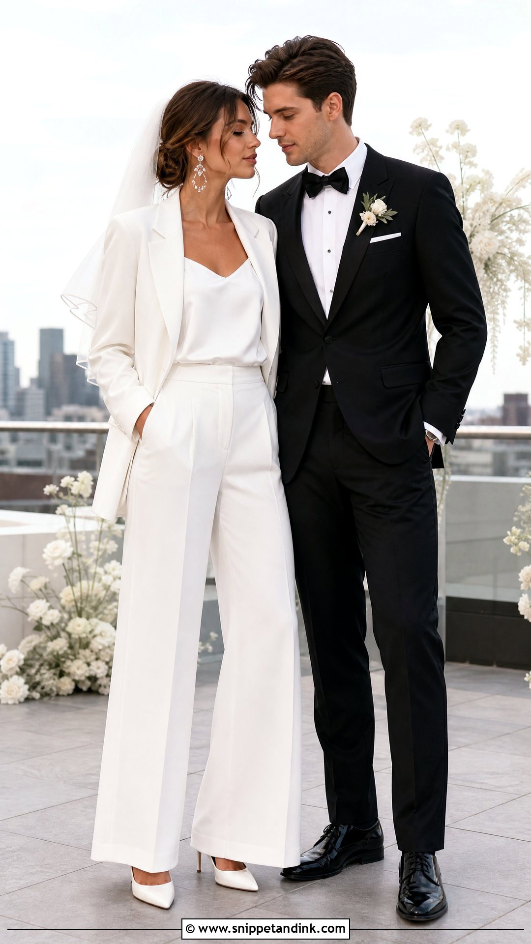White Bridal Pantsuit And Classic Tuxedo Couple - Snippet and Ink - 20 Wedding Dresses for Couple