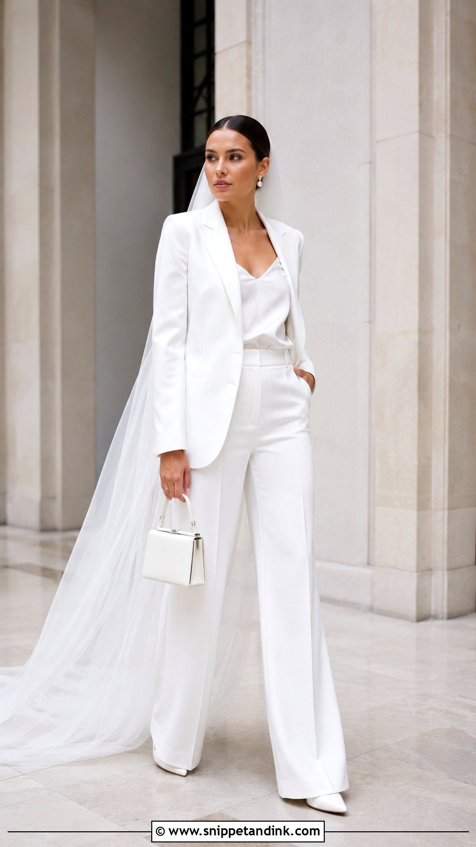 White Bridal Pantsuit With Pointed Toe Pumps - Snippet and Ink - 20 Alternative Modern Bride Wedding Dress Ideas