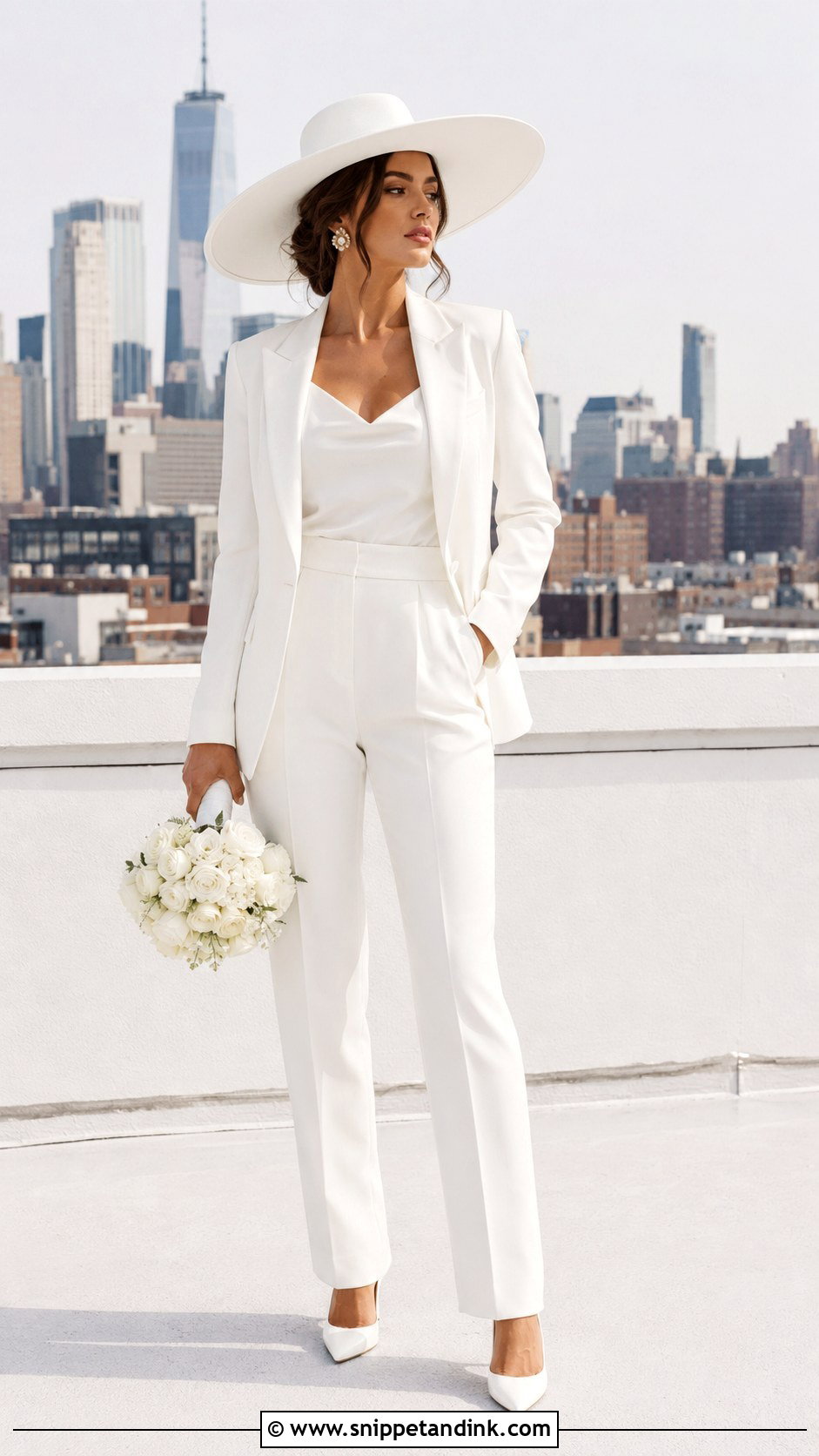 White Bridal Pantsuit With Statement Hat - Snippet and Ink - 20 Unusual Wedding Dress Ideas