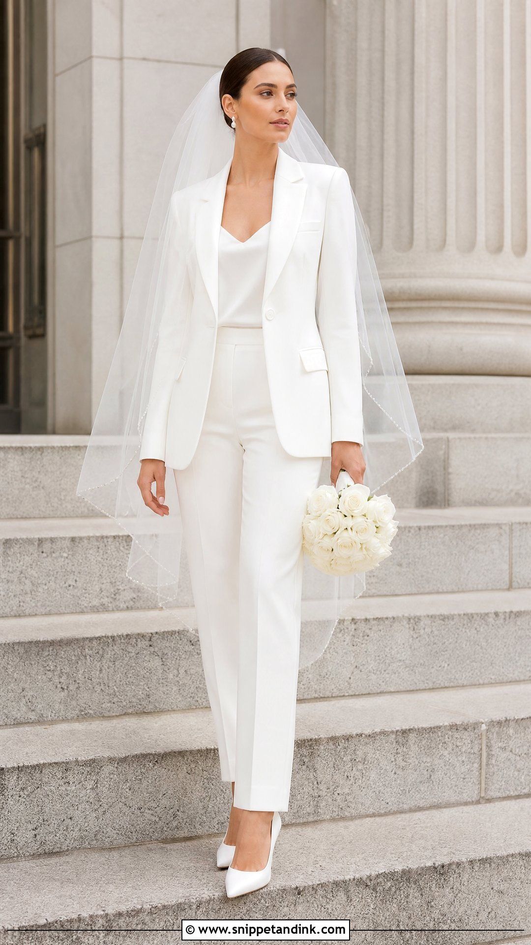 White Bridal Pantsuit With Veil - Snippet and Ink - 20 White Bridal Suit Ideas