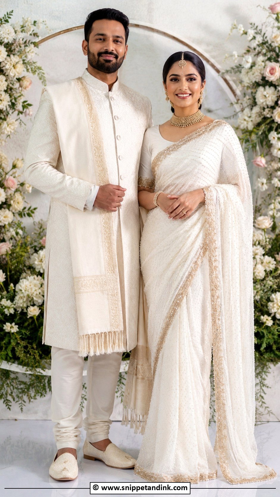 White Bridal Saree And Ivory Sherwani - Snippet and Ink - 30 Couple Wedding Dress Ideas