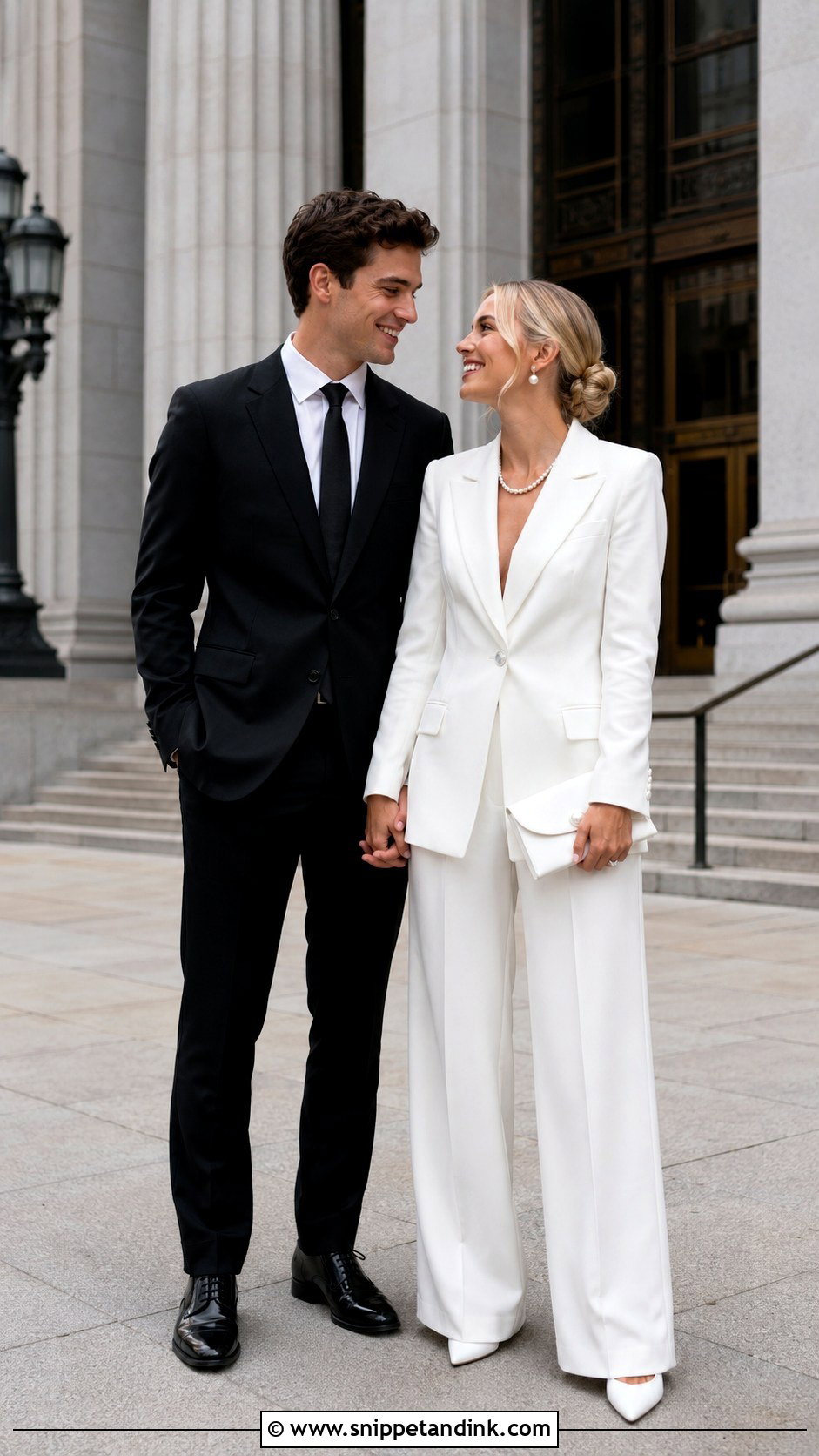 White Bridal Suit And Black Suit Wedding Outfit - Snippet and Ink - 25 Couple Contrast Outfits for Wedding