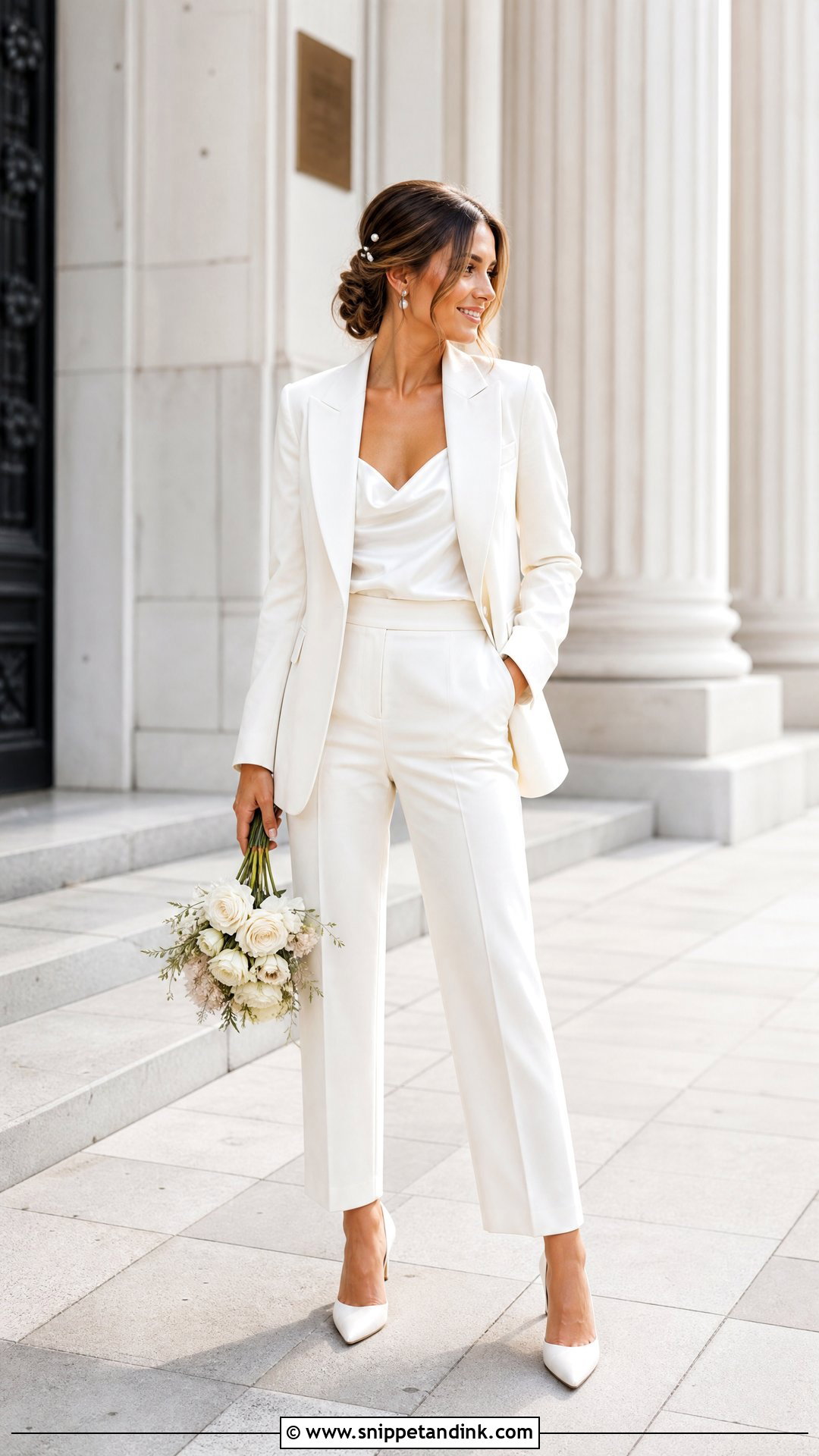 White Bridal Suit Elopement Outfit - Snippet and Ink - 25 Elopement Outfit Ideas