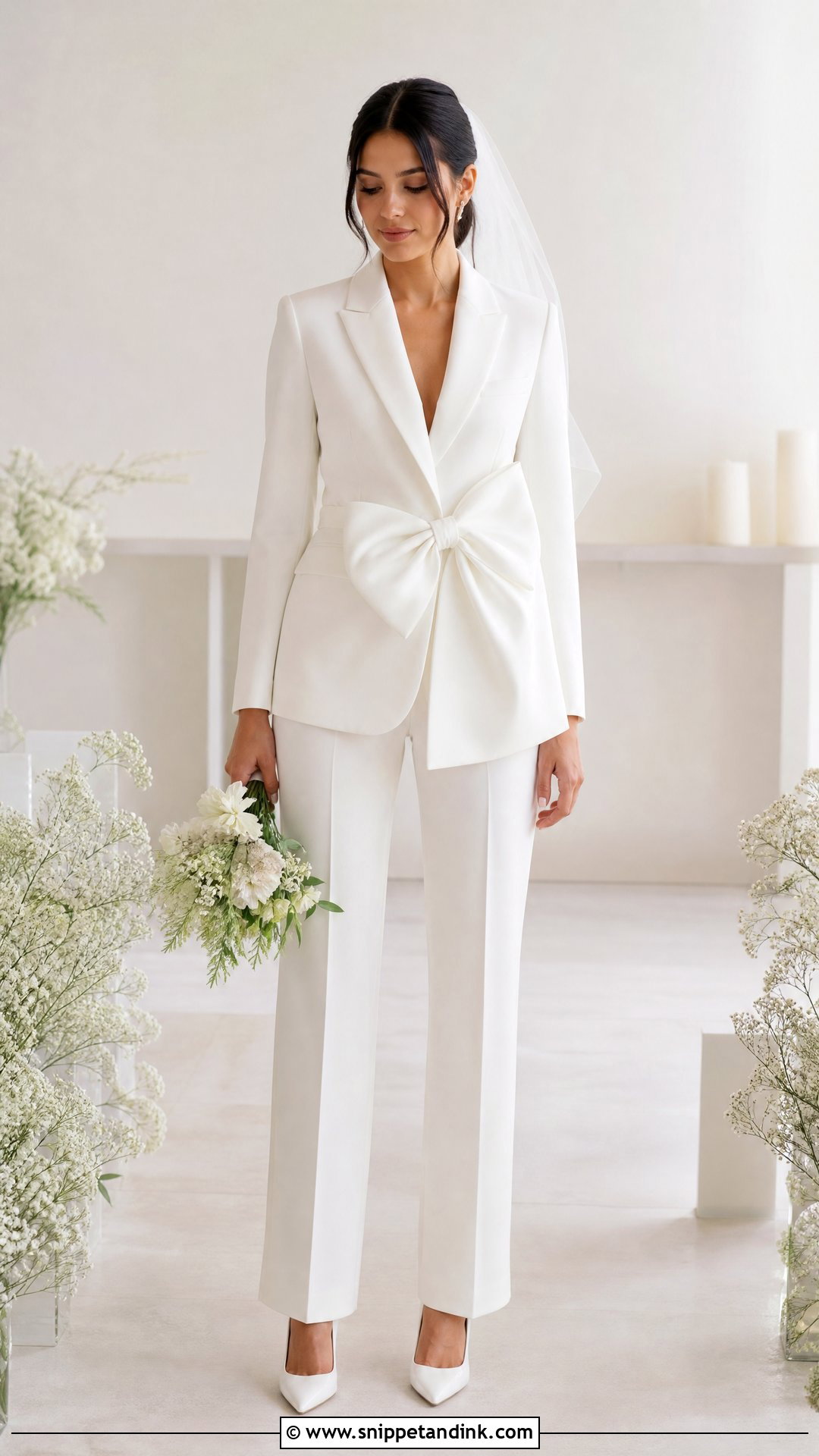 White Bridal Suit With Statement Bow - Snippet and Ink - 20 White Bridal Suit Ideas