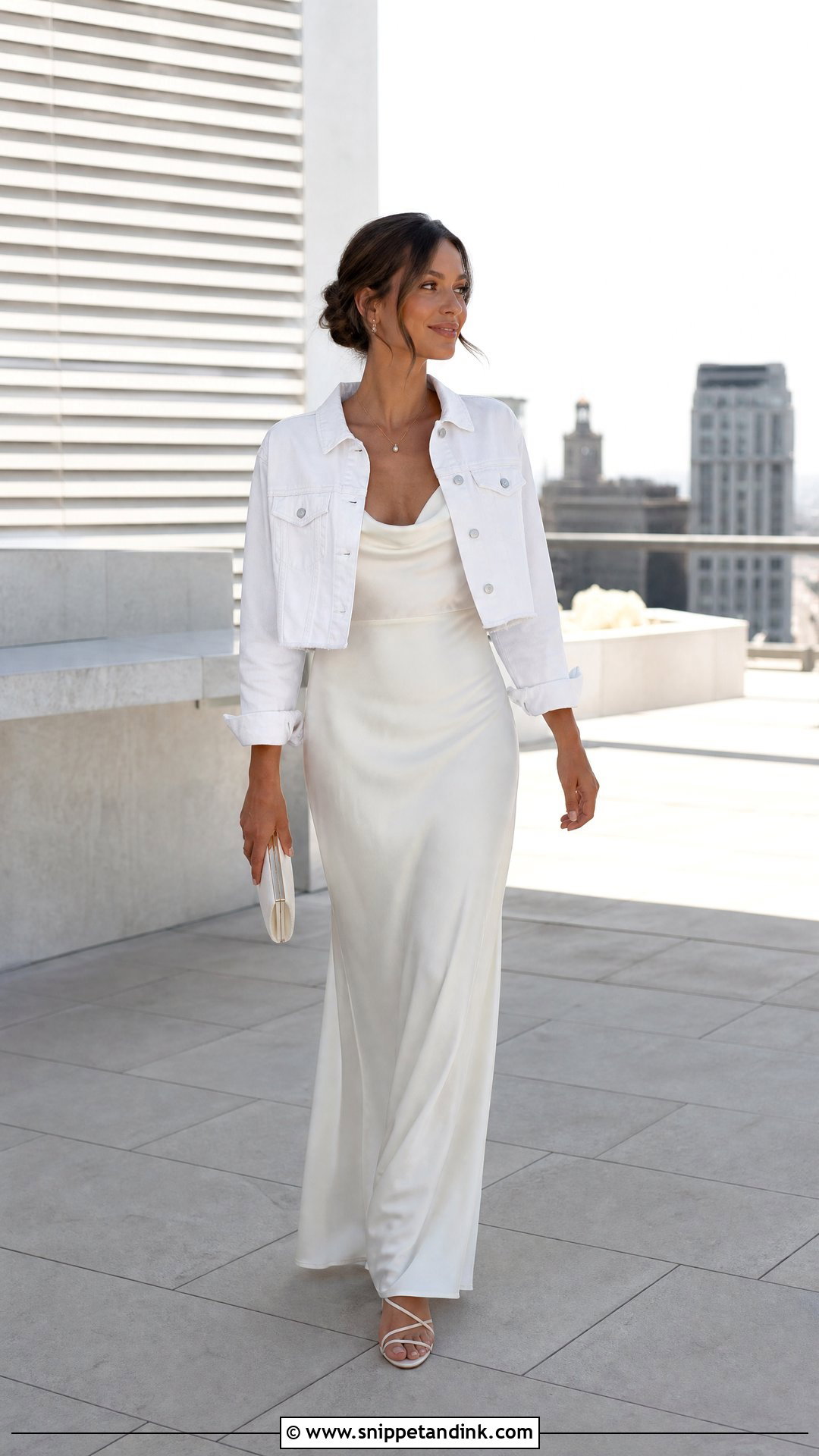 White Bride Denim Jacket With Slip Wedding Dress - Snippet and Ink - 20 Bride Denim Jacket Ideas