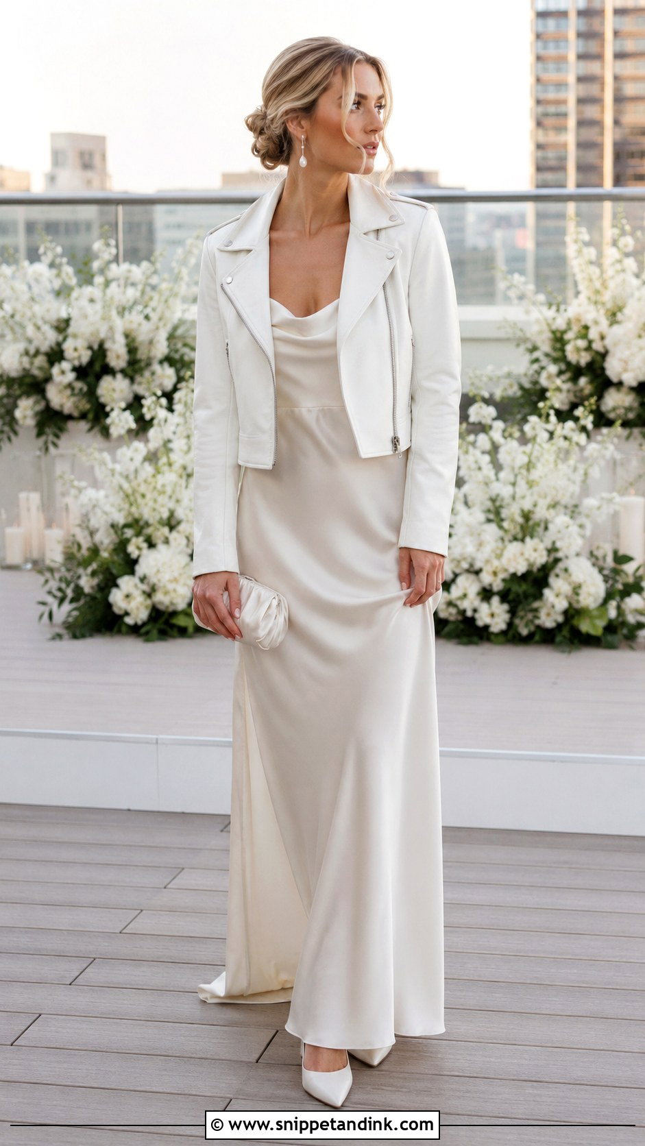 White Bride Leather Jacket With Satin Slip Dress - Snippet and Ink - 20 Bride Leather Jacket Ideas