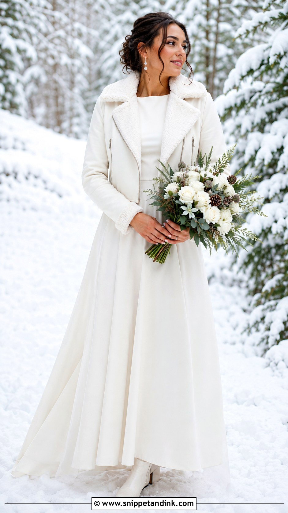 White Bride Leather Jacket With Winter Wedding Gown - Snippet and Ink - 20 Bride Leather Jacket Ideas