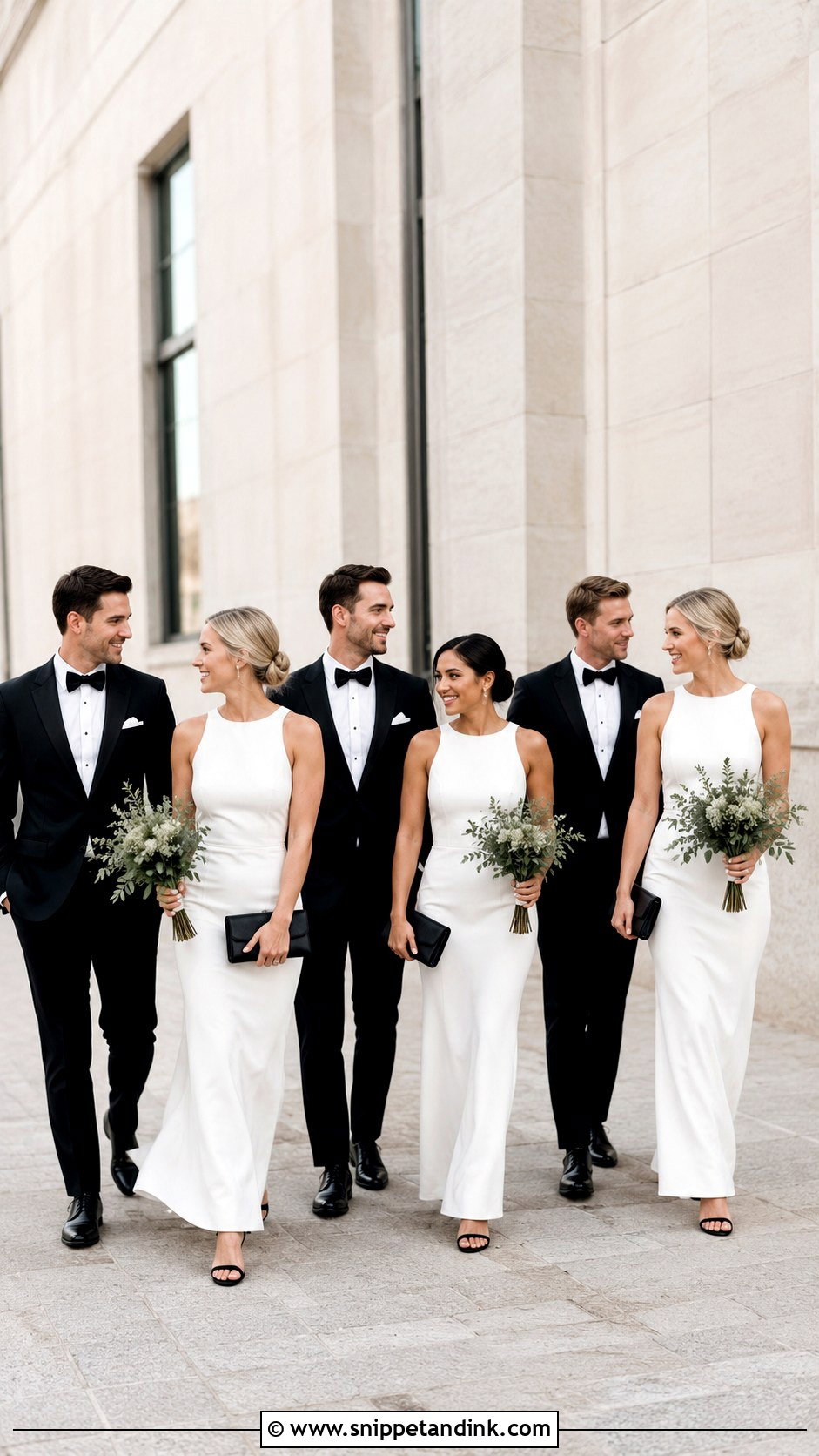 White Bridesmaid Dresses And Black Tuxedos - Snippet and Ink - 20 Black and White Wedding Party Attire Ideas