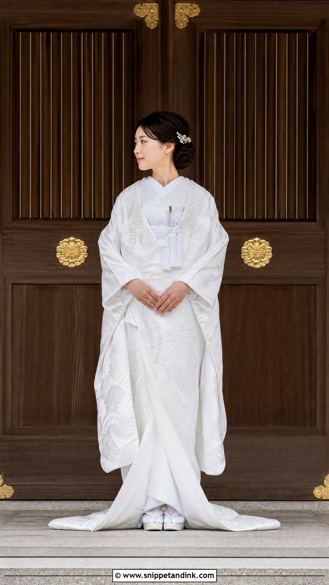 White Brocade Shiromuku With Minimal Accessories - Snippet and Ink - 20 Shiromuku Wedding Kimono Ideas