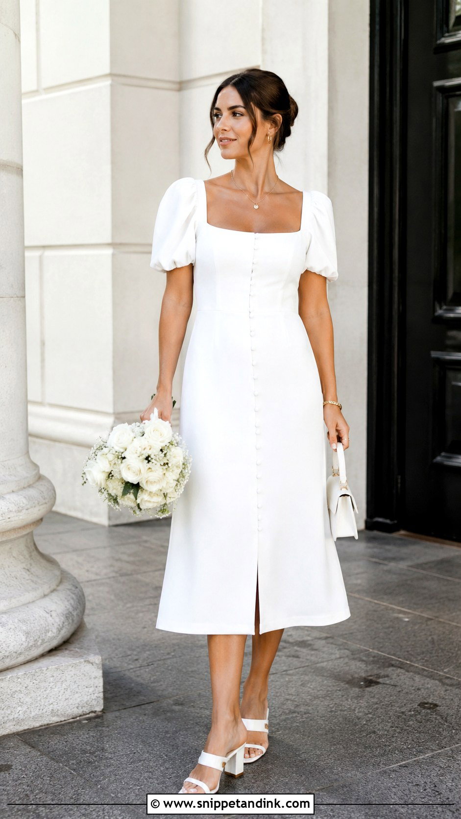 White Button Front Courthouse Wedding Dress - Snippet and Ink - 30 Simple Courthouse Wedding Dress Ideas