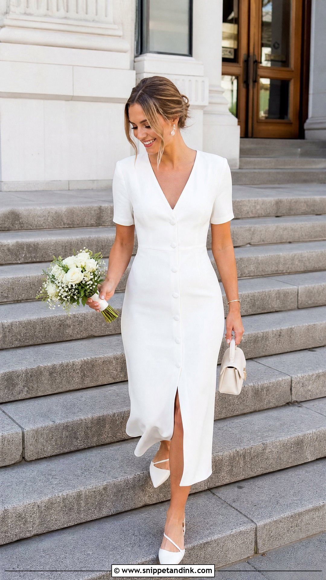 White Button Front Dress With Slingback Flats - Snippet and Ink - 20 Simple White Dress for Civil Wedding Ideas