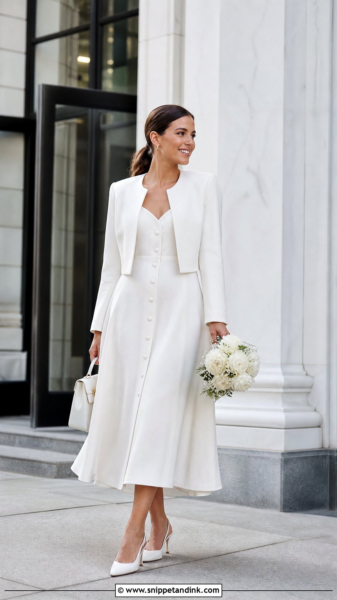 White Button Front Midi Courthouse Wedding Dress - Snippet and Ink - 20 White Courthouse Wedding Dress Ideas