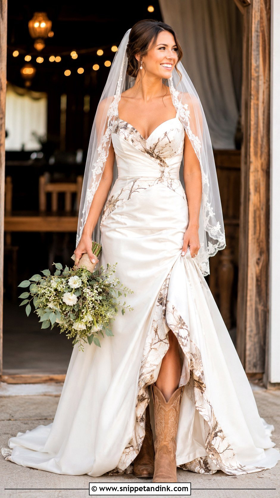 White Camo Wedding Dress With Cowboy Boots - Snippet and Ink - 25 Camo Wedding Dress Ideas
