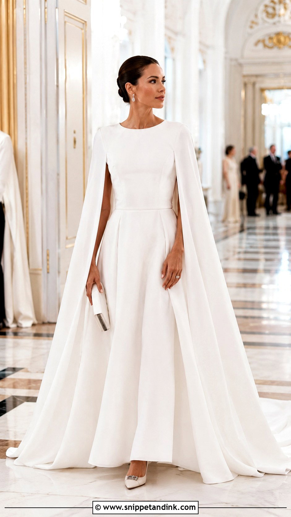 White Cape Ball Gown With Sleek Accessories - Snippet and Ink - 25 White Ball Gown Ideas