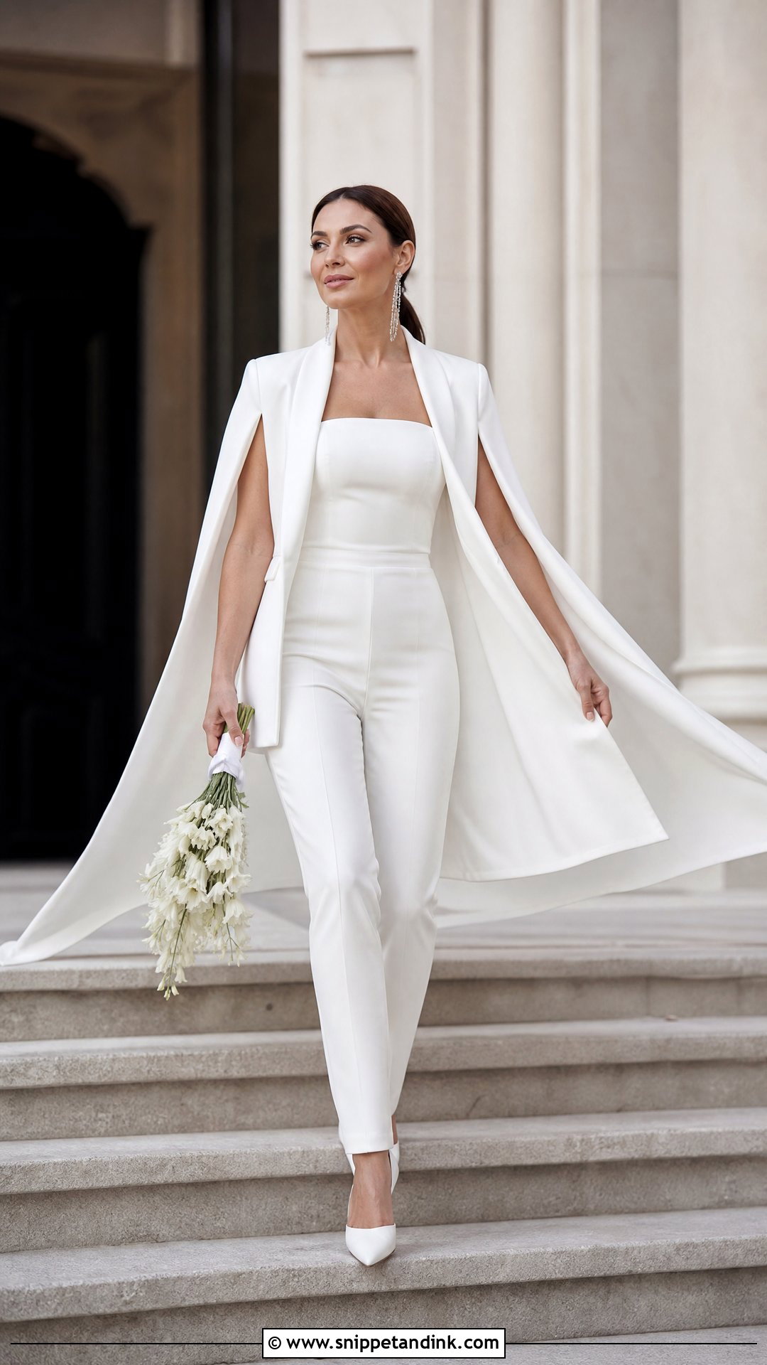 White Cape Blazer Bridal Suit With Pointed Pumps - Snippet and Ink - 20 White Bridal Suit Ideas
