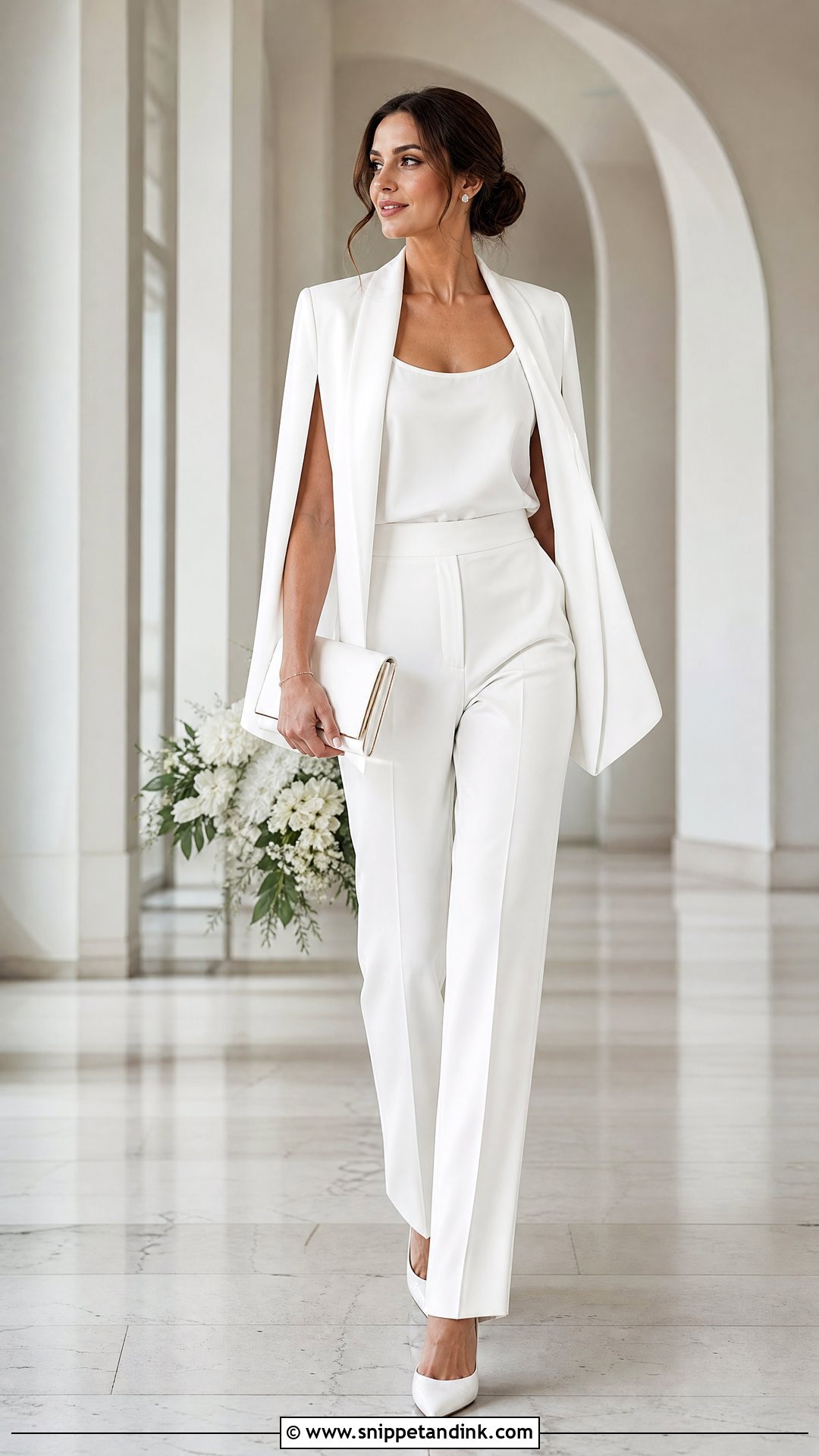 White Cape Blazer Suit With Minimal Jewelry - Snippet and Ink - 20 White Suit for Wedding Women Ideas