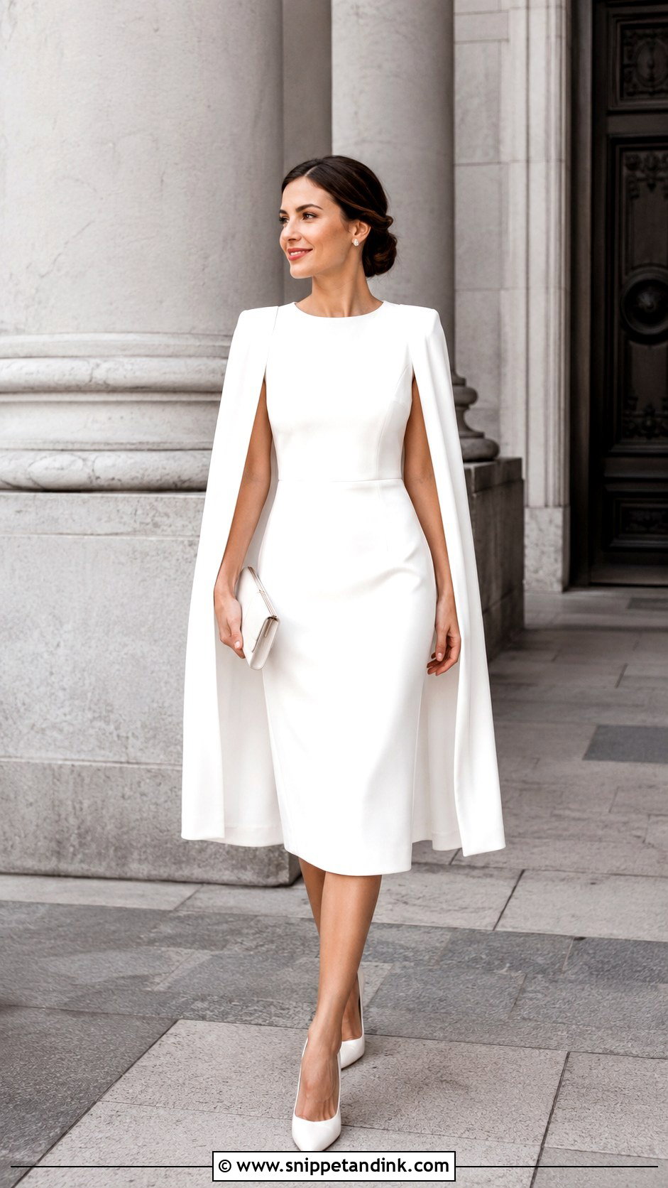 White Cape Dress Court Wedding Outfit - Snippet and Ink - 25 Court Wedding Outfits