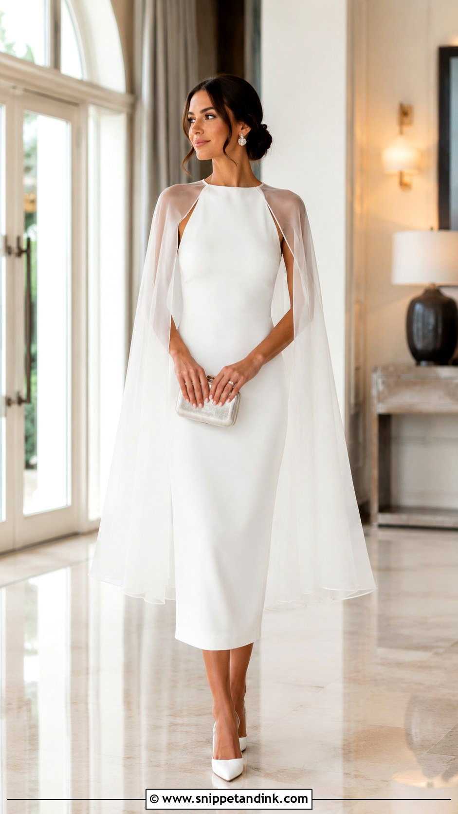 White Cape Dress Outfit - Snippet and Ink - 25 Rehearsal Dinner Outfit for Bride Ideas