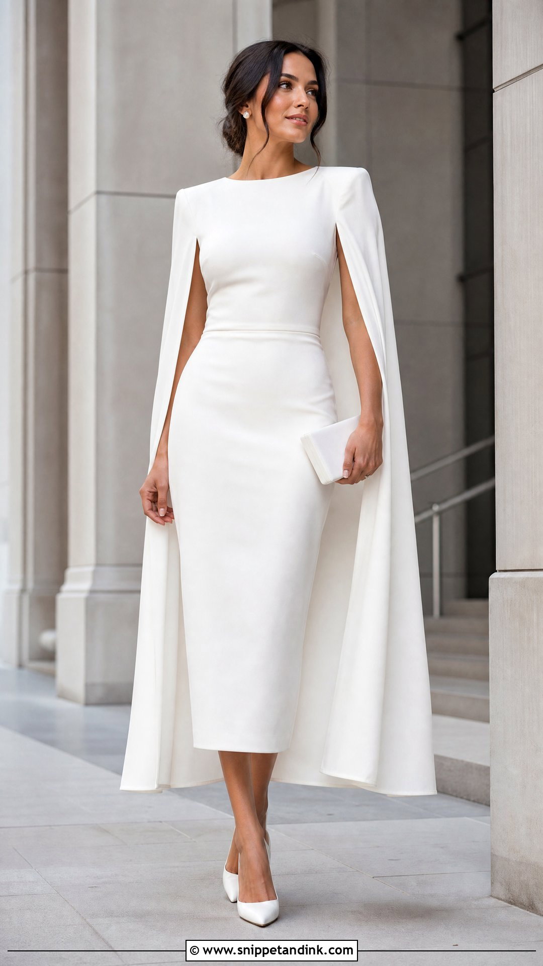 White Cape Dress With Pointed Pumps - Snippet and Ink - 20 Simple White Dress for Civil Wedding Ideas