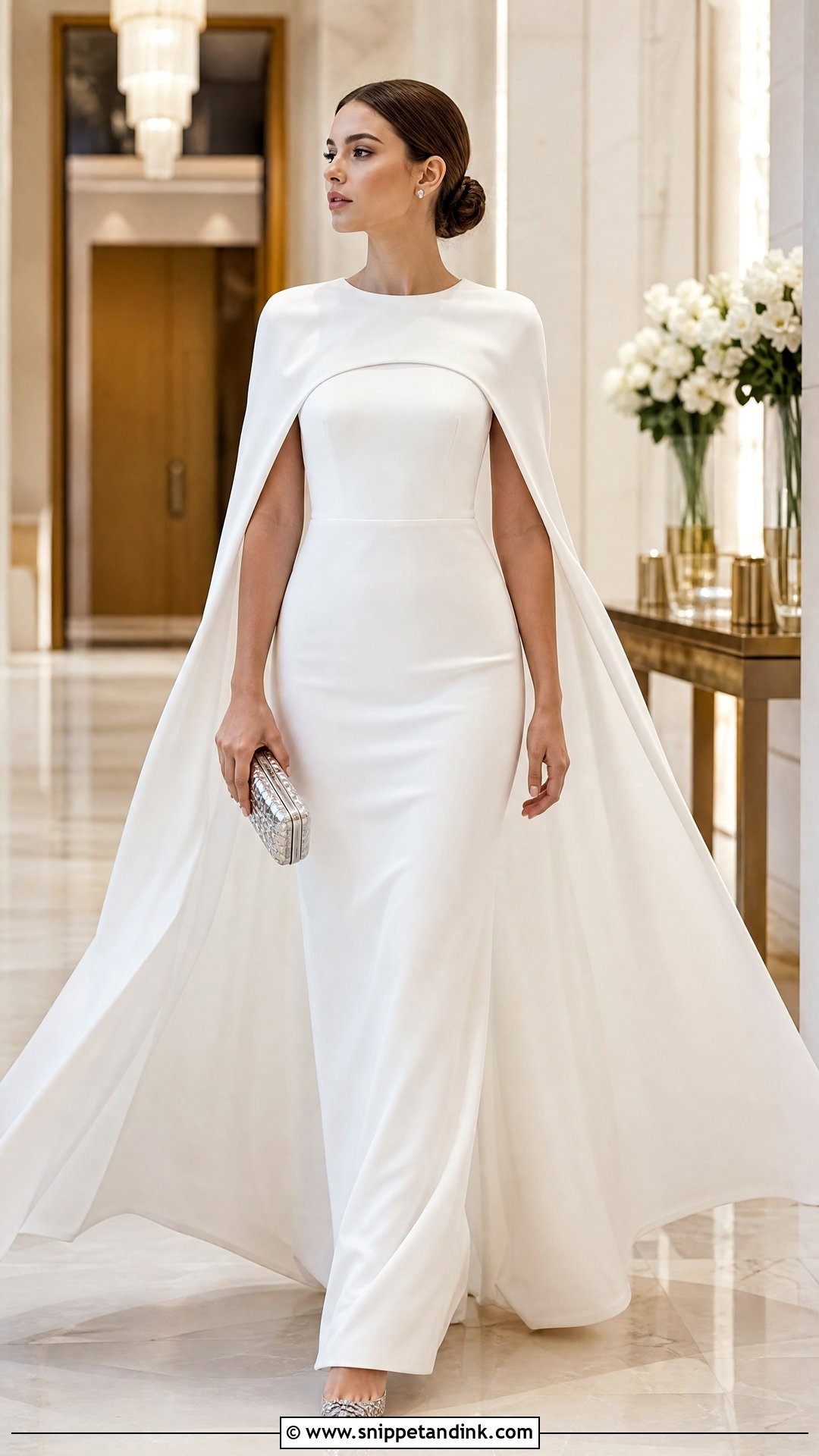 White Cape Gown With Crystal Pumps - Snippet and Ink - 25 Simple White Gown Ideas