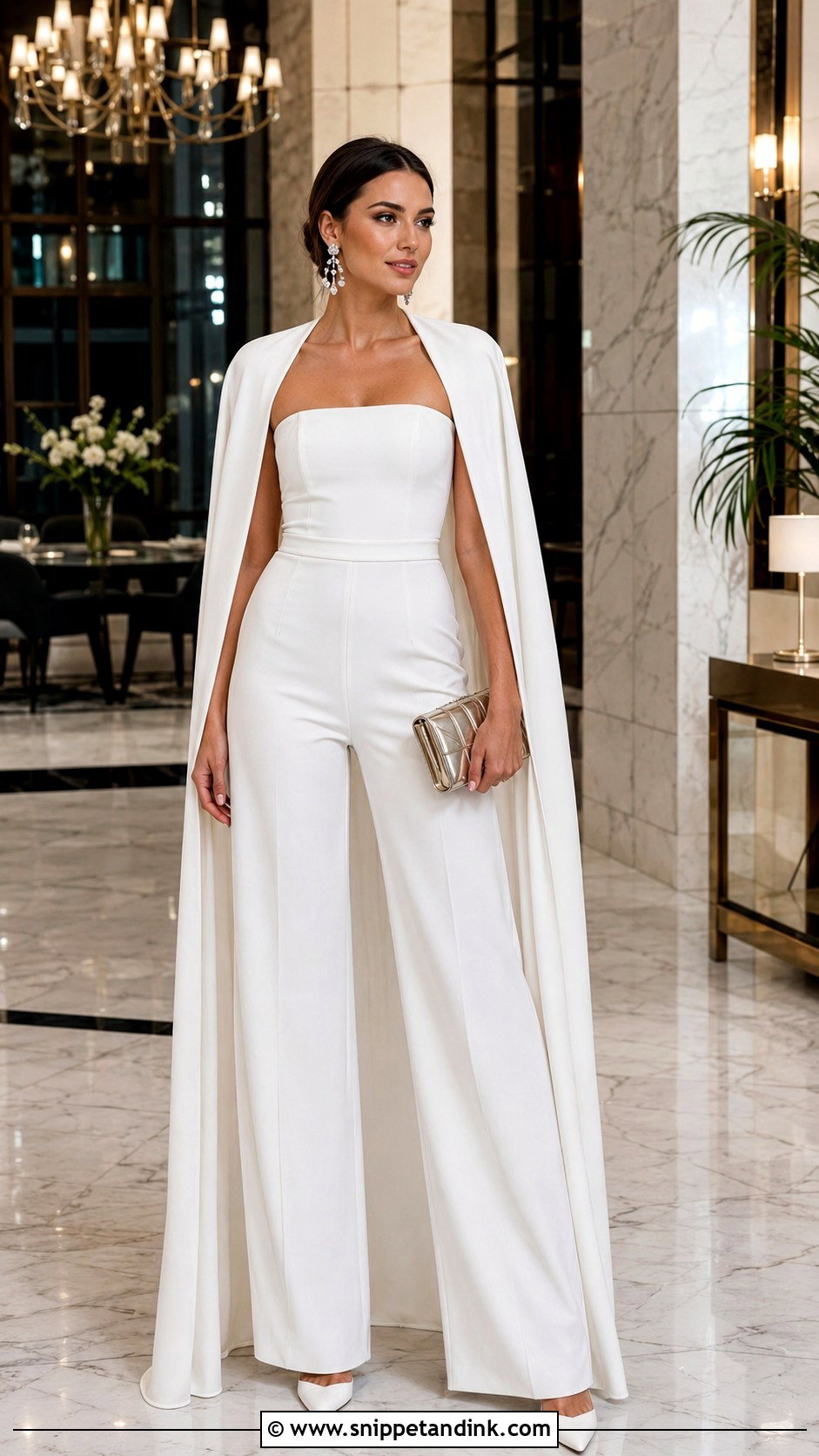 White Cape Jumpsuit Bridal Rehearsal Dinner Outfit - Snippet and Ink - 20 Bridal Outfits Rehearsal Dinners