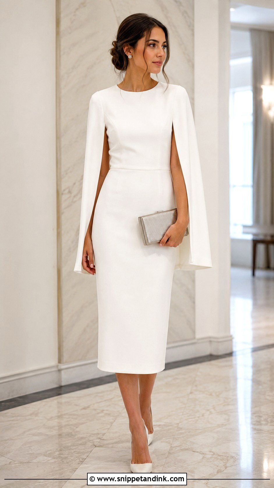 White Cape Sleeve Fall Rehearsal Dinner Dress - Snippet and Ink - 20 Fall Rehearsal Dinner Dress for Bride Ideas