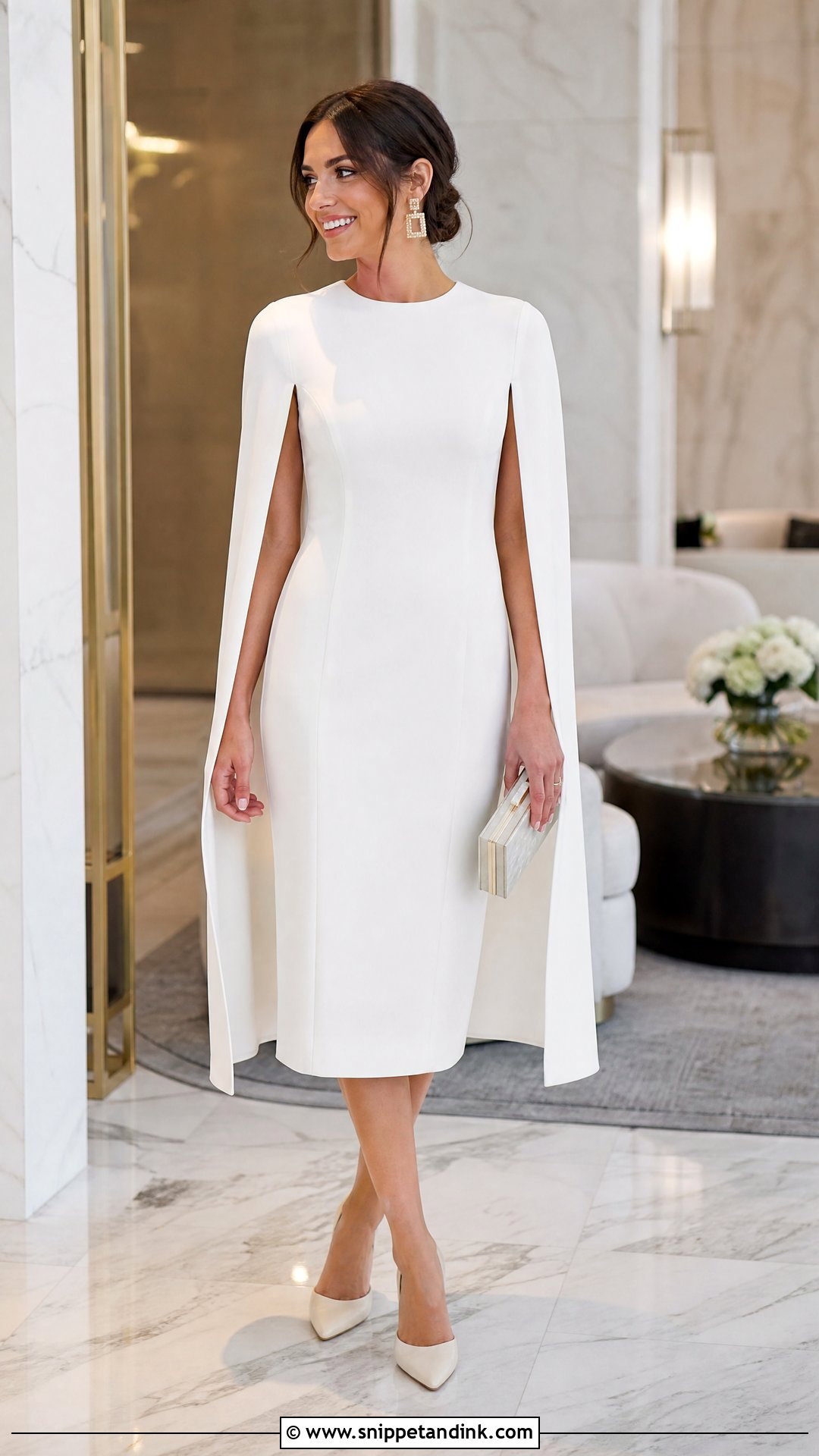 White Cape Sleeve Midi Dress - Snippet and Ink - 20 Pre Wedding White Dress Ideas