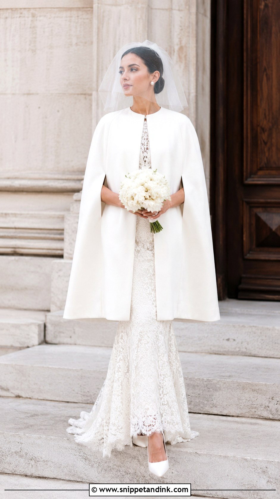 White Cape Wedding Coat With Lace Dress - Snippet and Ink - 20 Wedding Coats for Brides Ideas