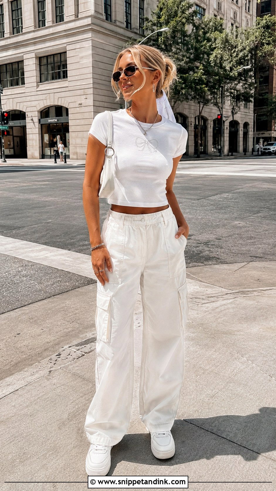 White Cargo Pants And Baby Tee Outfit - Snippet and Ink - 25 Bachelorette Party Outfit for Bride Ideas