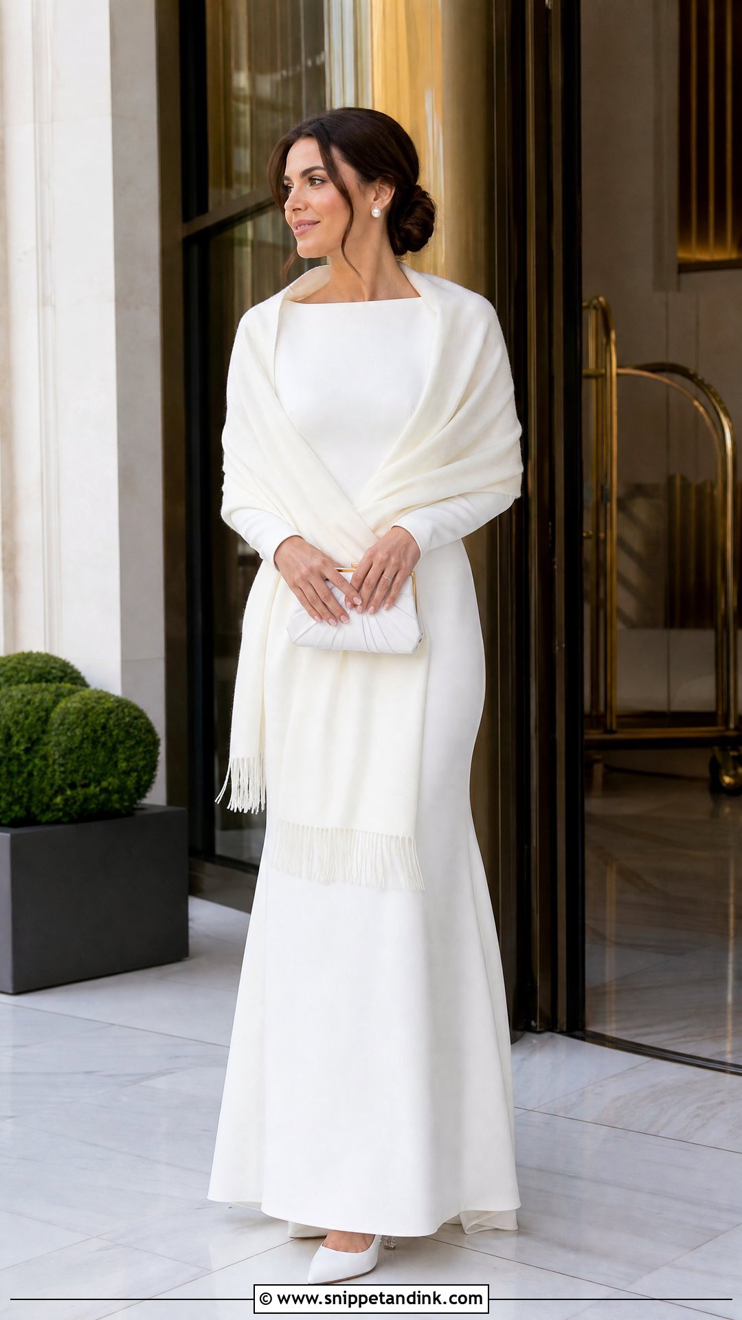 White Cashmere Shawl With Long Sleeve Wedding Dress - Snippet and Ink - 20 Winter Wedding Shawl Ideas