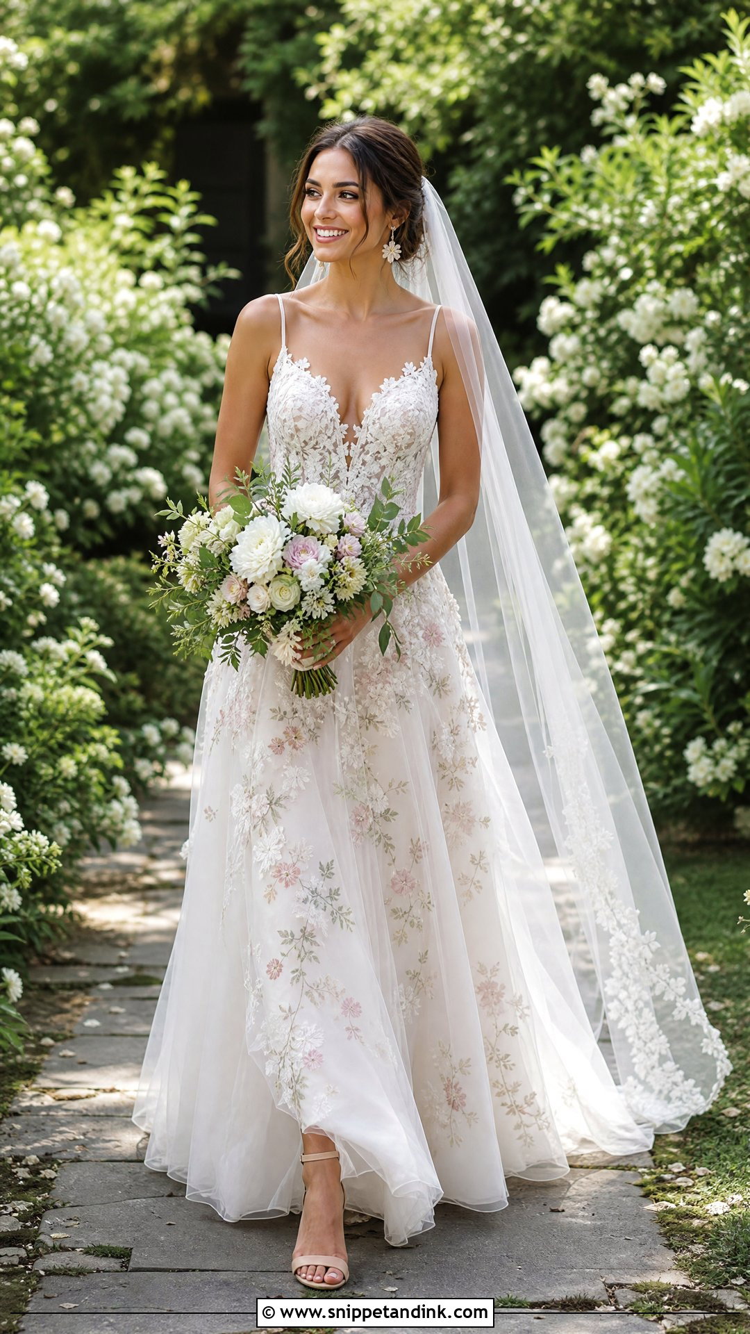White Chapel Veil With Floral Wedding Dress - Snippet and Ink - 25 White Veil Ideas