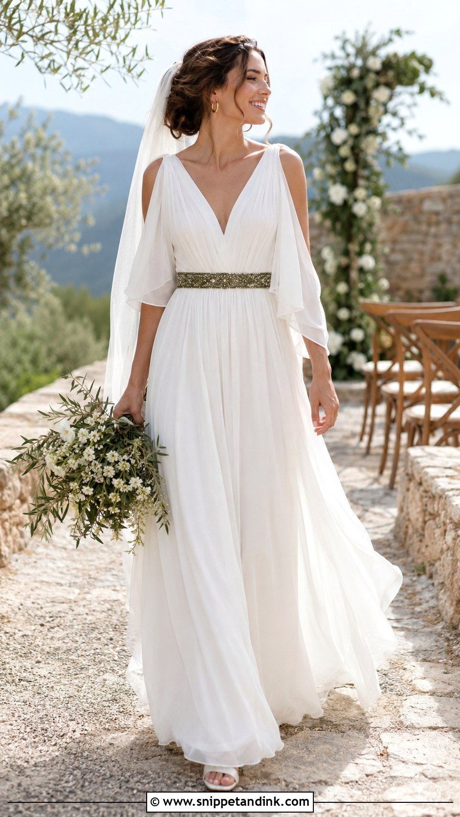 White Chiffon Wedding Dress With Olive Green Belt - Snippet and Ink - 20 White and Green Wedding Dress Ideas