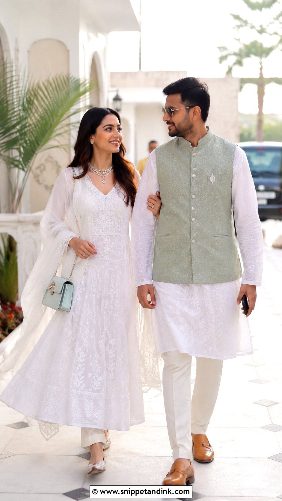 White Chikankari Anarkali And Kurta Couple Outfit - Snippet and Ink - 20 Desi Couple Outfits