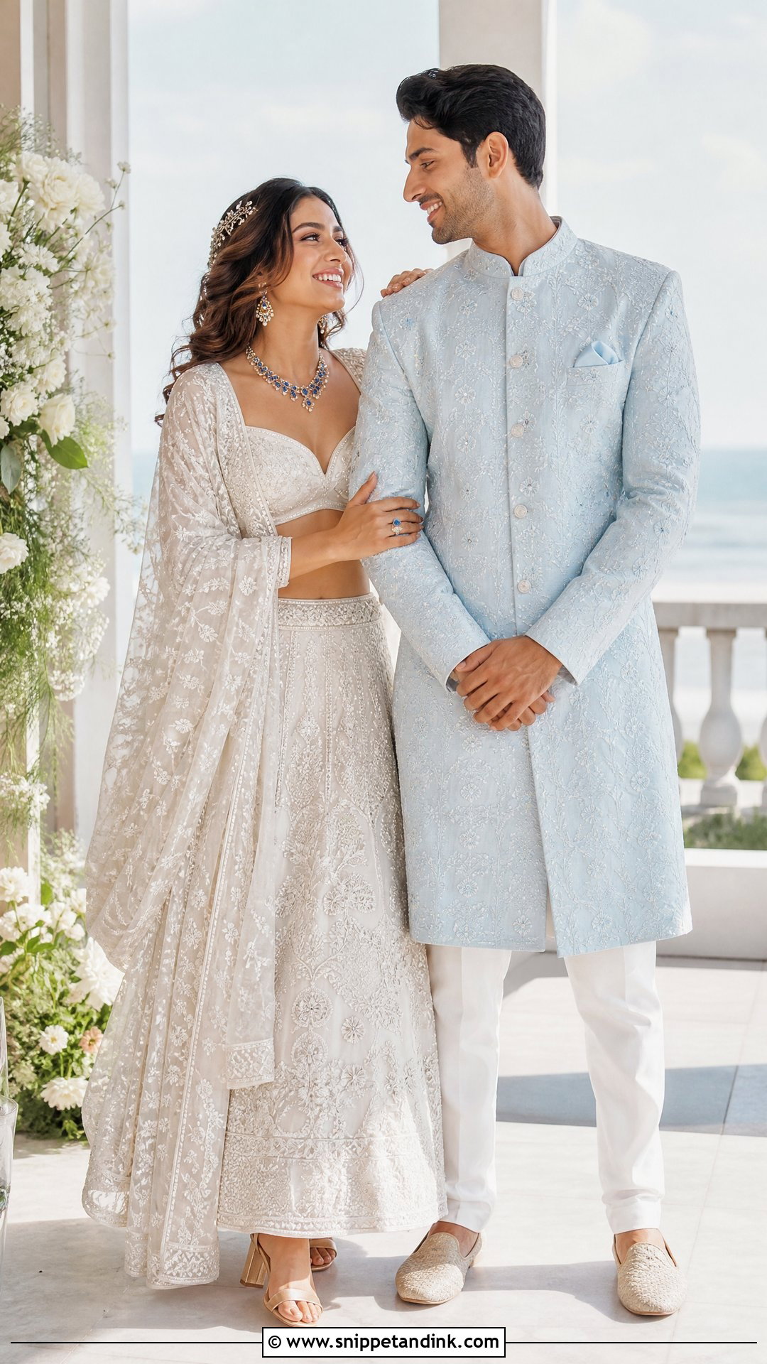 White Chikankari Lehenga And Blue Sherwani Sangeet Couple Outfit - Snippet and Ink - 25 Sangeet Couple Outfits