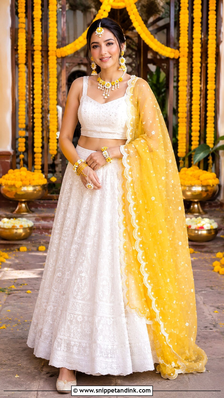White Chikankari Lehenga With Yellow Dupatta - Snippet and Ink - 20 White and Yellow Haldi Outfit Ideas