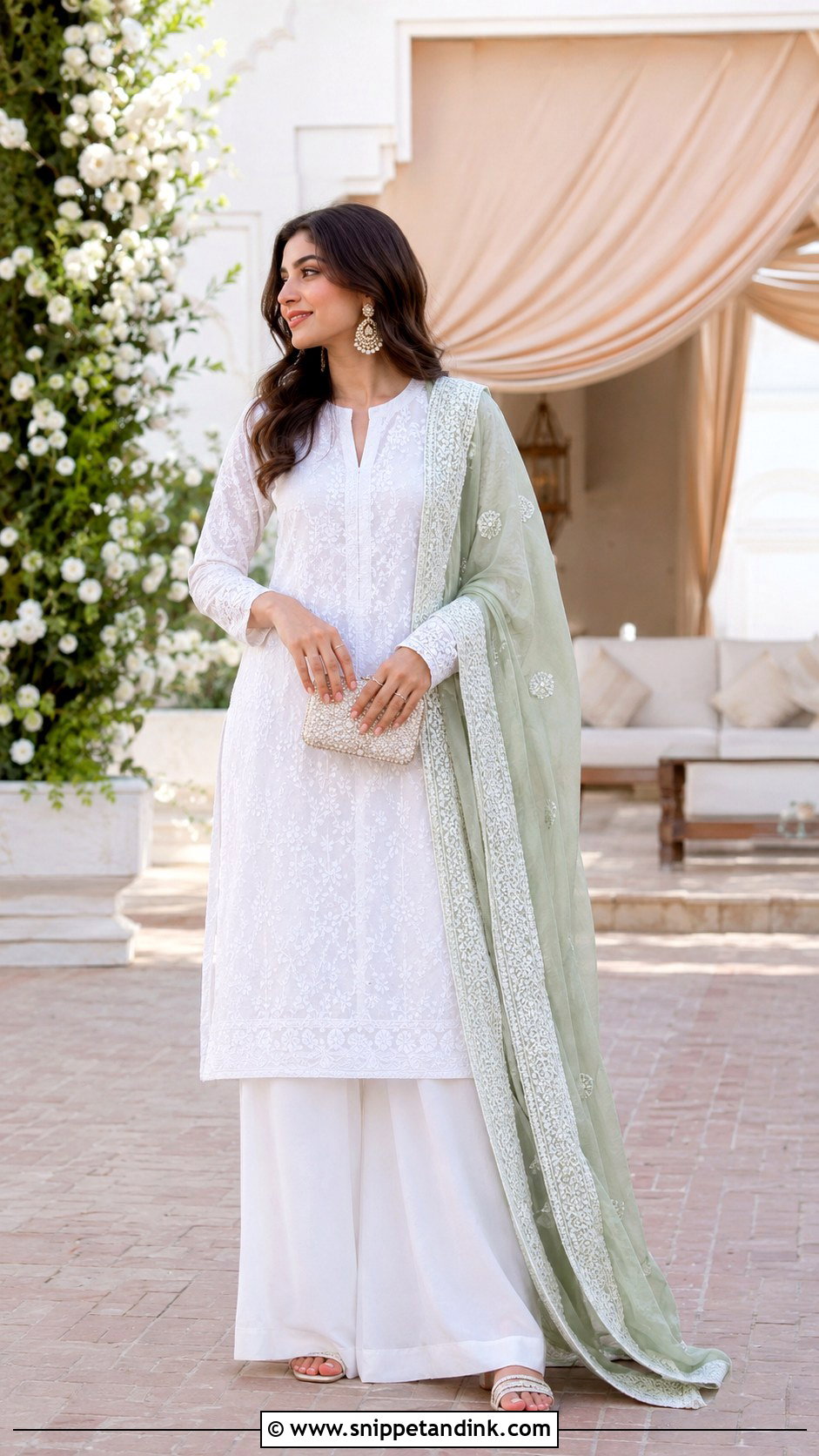 White Chikankari Long Shirt Palazzo Wedding Outfit - Snippet and Ink - 20 Long Shirt with Plazo Wedding Dress Ideas