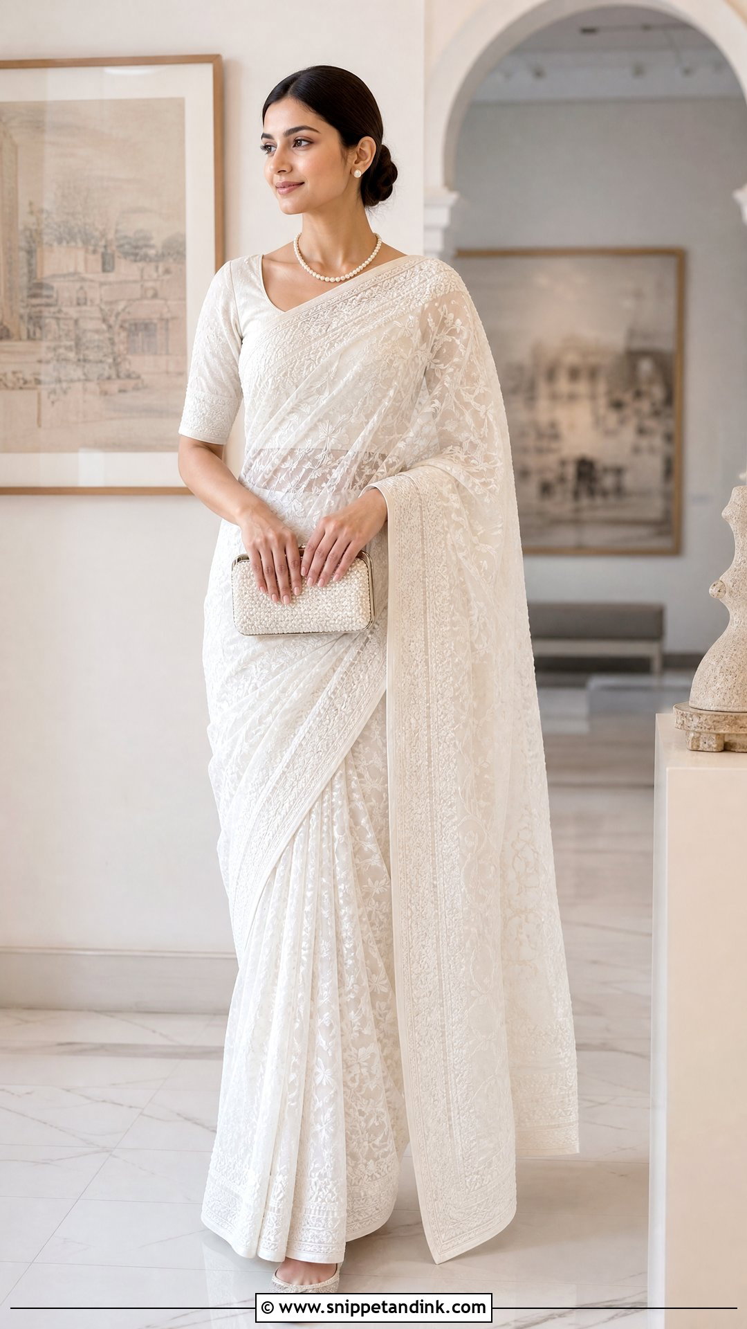 White Chikankari Saree With Pearl Jewelry - Snippet and Ink - 20 Simple White Indian Dress Ideas