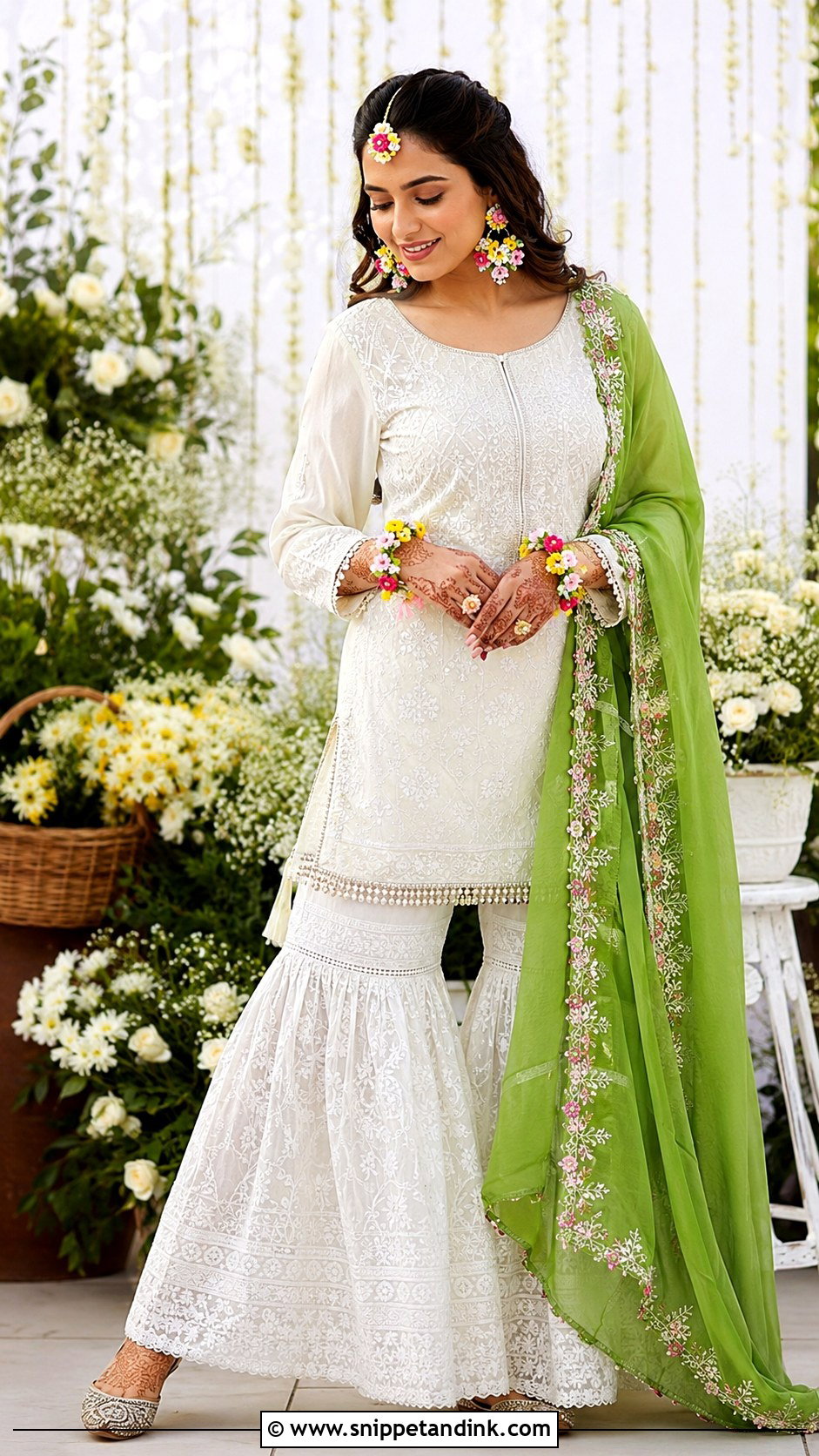 White Chikankari Sharara Mehndi Dress - Snippet and Ink - 20 Mehndi Dress for Bridal Ideas