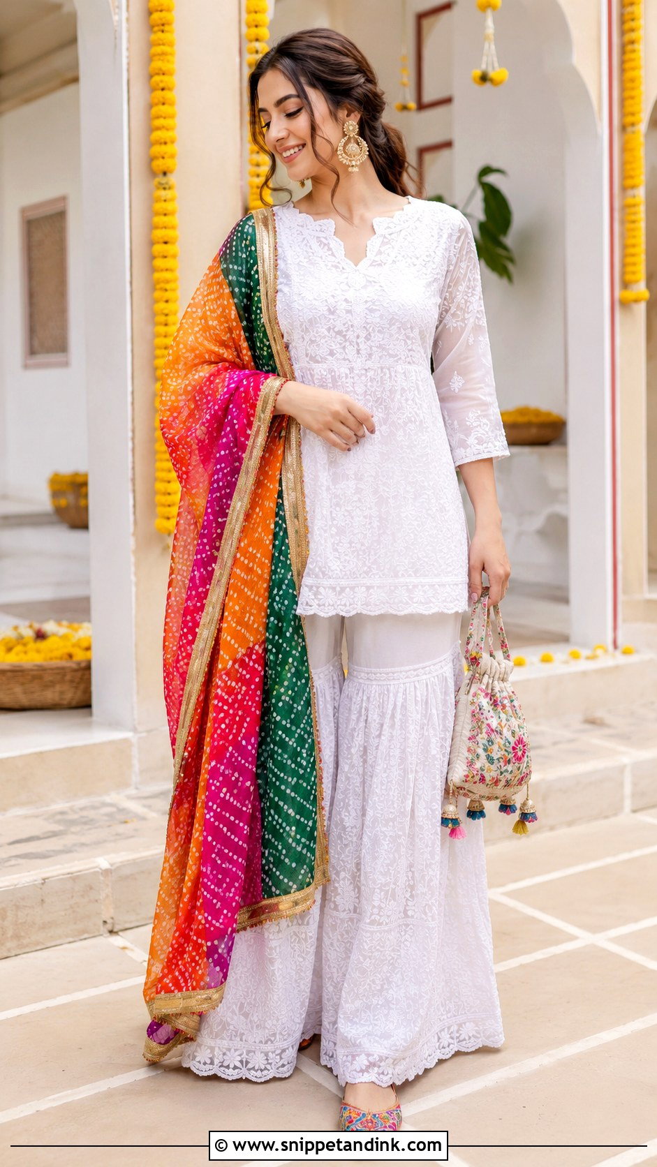 White Chikankari Sharara With Colorful Dupatta For Mehndi Night - Snippet and Ink - 20 Mehndi Night Outfit Ideas