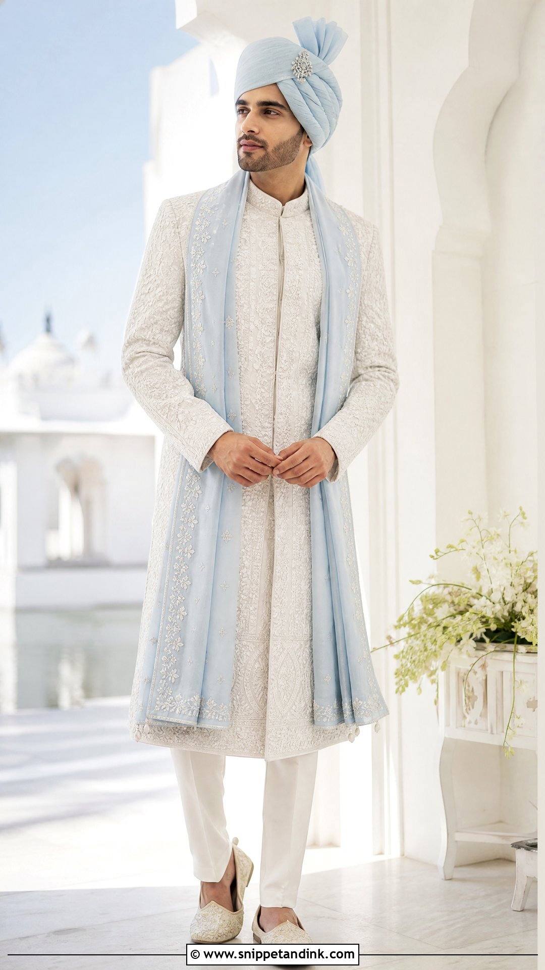 White Chikankari Sherwani With Pastel Safa - Snippet and Ink - 20 Sherwani Wedding Ideas