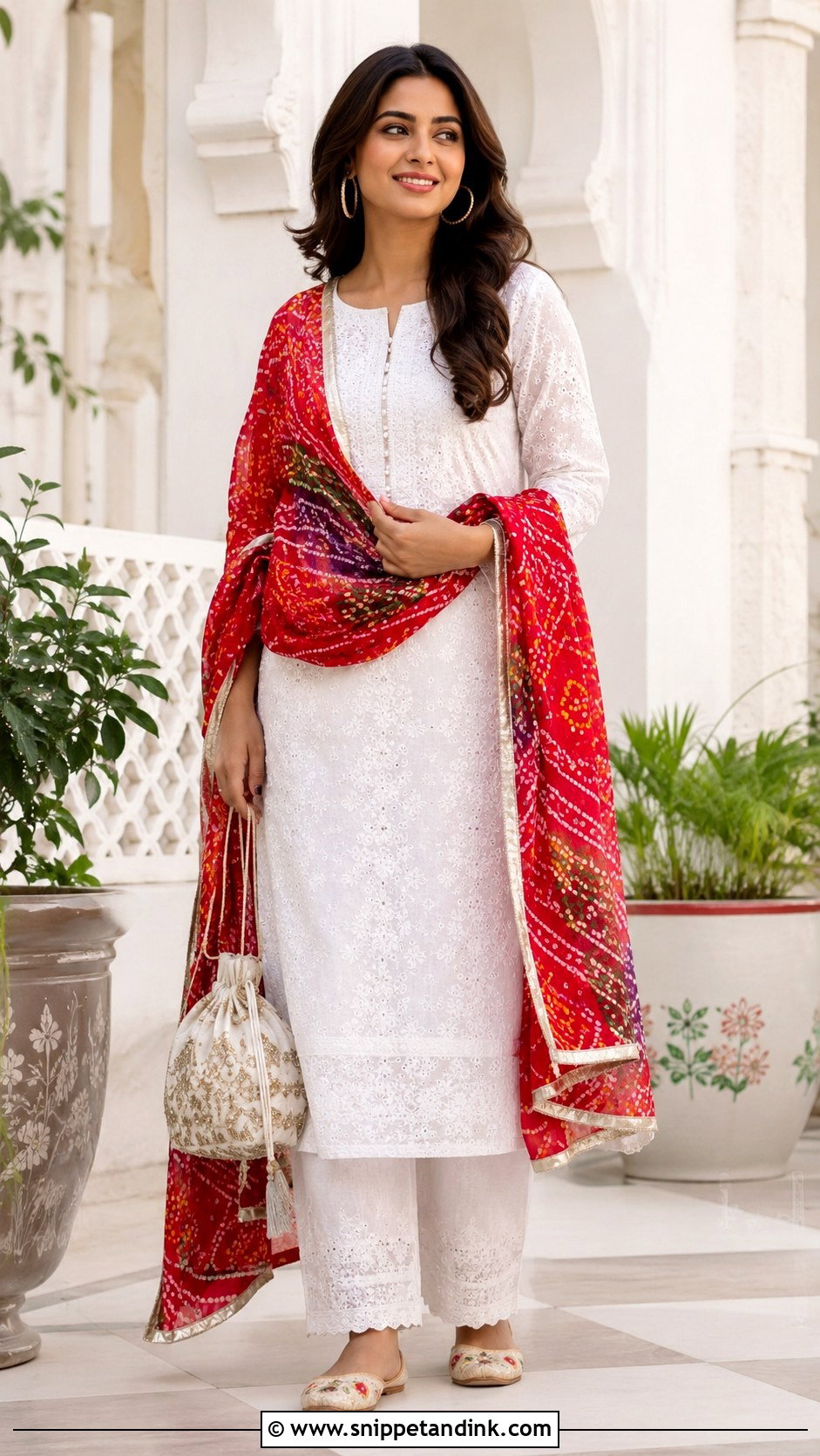 White Chikankari Suit With Bandhani Dupatta - Snippet and Ink - 20 Dupatta Dress Ideas