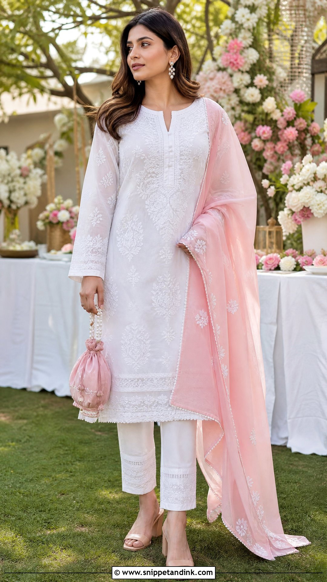 White Chikankari Suit With Pink Organza Dupatta - Snippet and Ink - 20 Suit with Dupatta Ideas