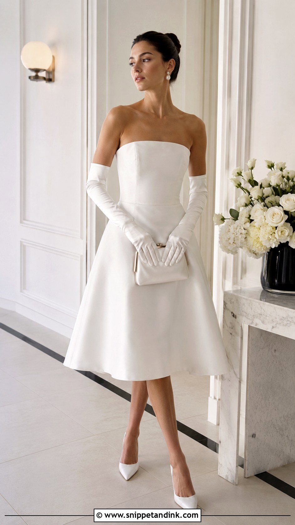 White Cocktail Dress With Gloves - Snippet and Ink - 25 Cocktail Dress for Bride Ideas