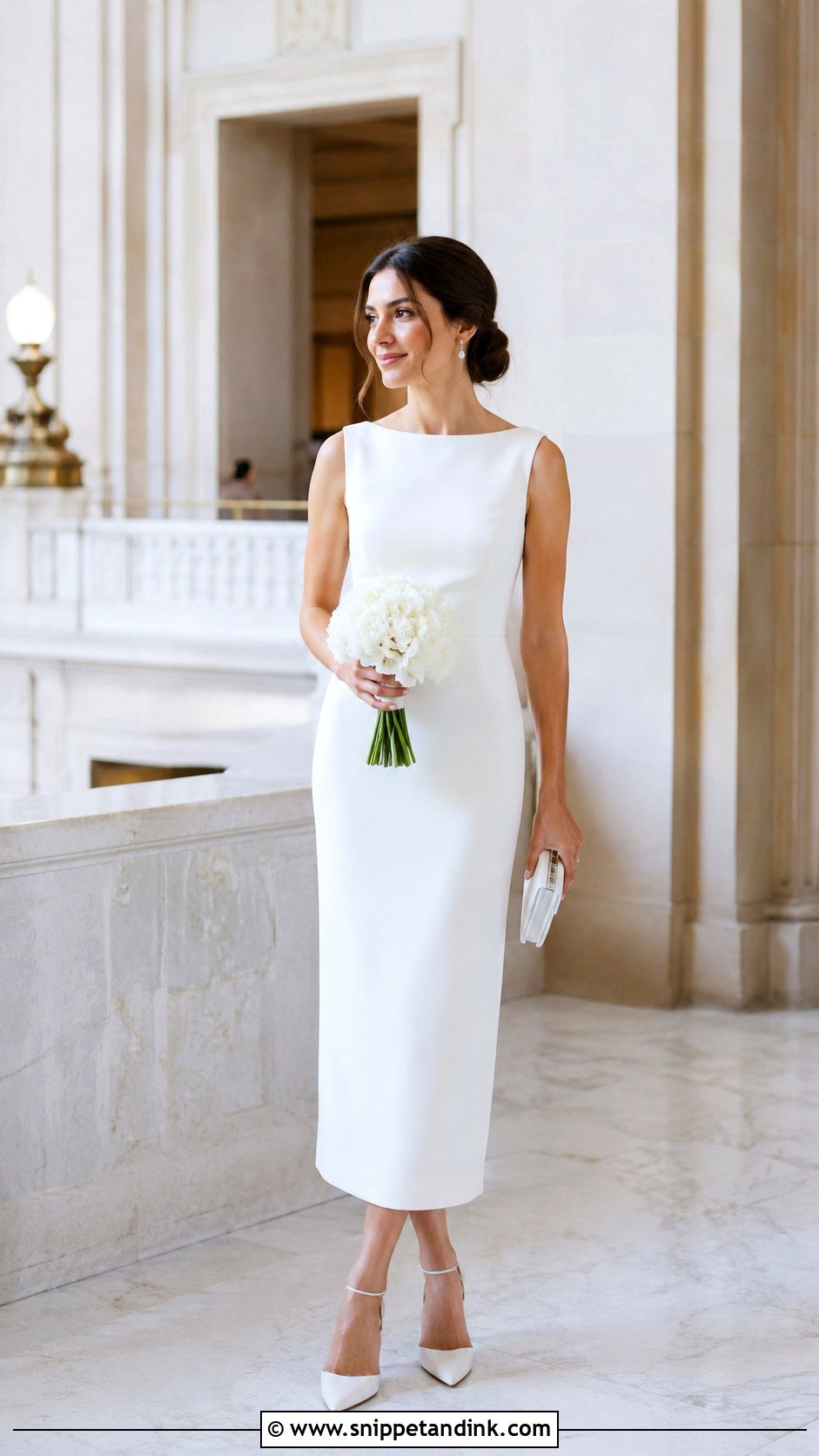 White Column Dress Courthouse Wedding Look - Snippet and Ink - 30 Simple Courthouse Wedding Dress Ideas